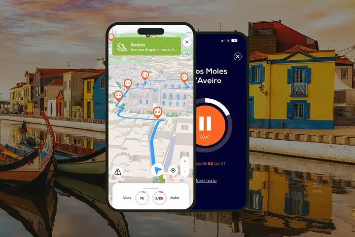 Aveiro self-guided walking tour app showing GPS map route and audio guide on smartphone with canal backdrop