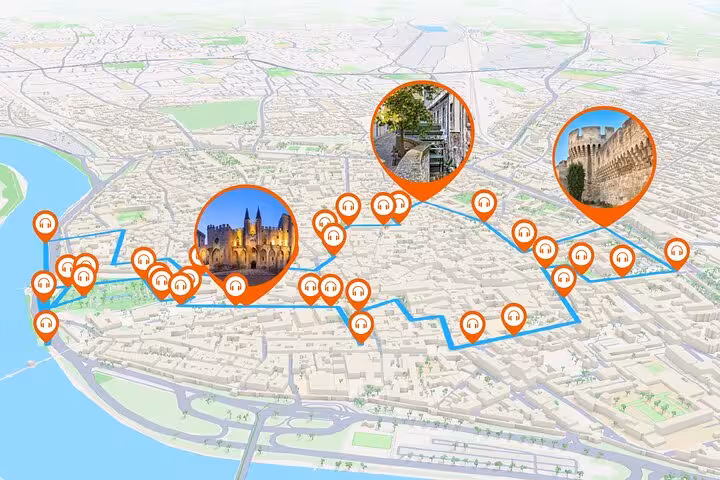 Interactive map of Avignon self-guided audio walking tour route with orange pins marking landmarks including Palais des Papes