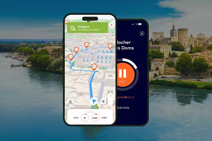 Smartphone screens showing Avignon self-guided walking tour app with interactive map and audio guide player