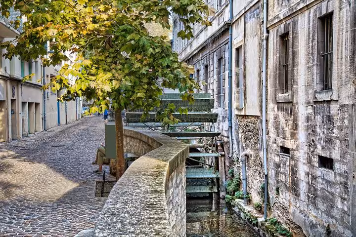 Cobblestone street along a canal with historic stone buildings and green tree in Avignon, France