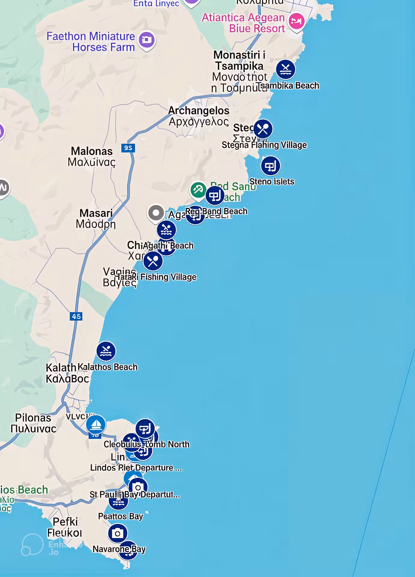 Rhodes east coast map showing bays and beaches for Axopar 25 CT full-day boat rental route from Lindos area