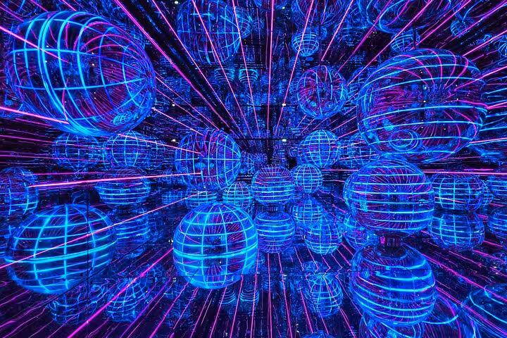 Futuristic neon spheres create an immersive experience at Aya Universe, a must-visit for videography tours in Dubai.