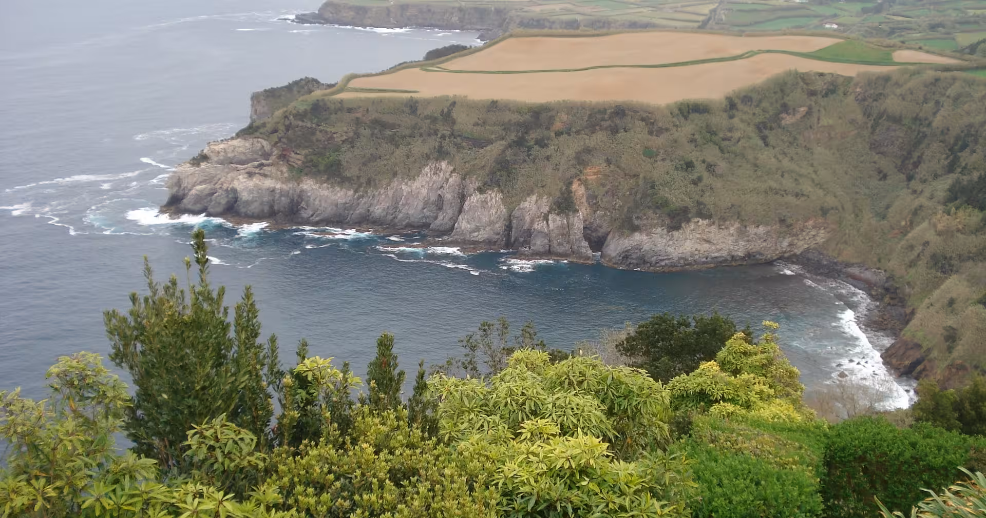 Rugged Azores coastline viewpoint with cliffs, green fields and Atlantic surf on a 4-day island adventure tour