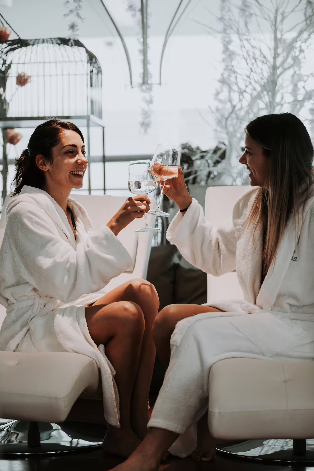 Spa aperitif toast in bathrobes at Bagno di Romagna before 2-hour thermal pool entry weekend