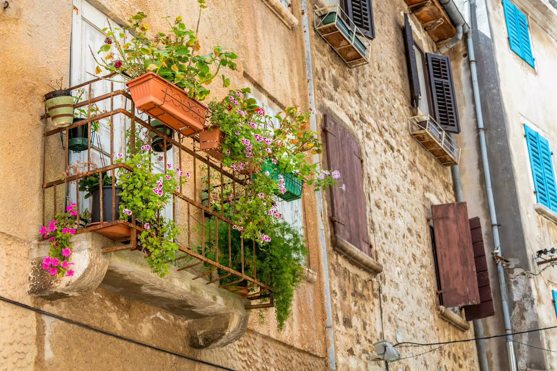 Flower-filled balcony on a stone house in Bale, charming medieval stop on the Ancient Istria tour from Pula