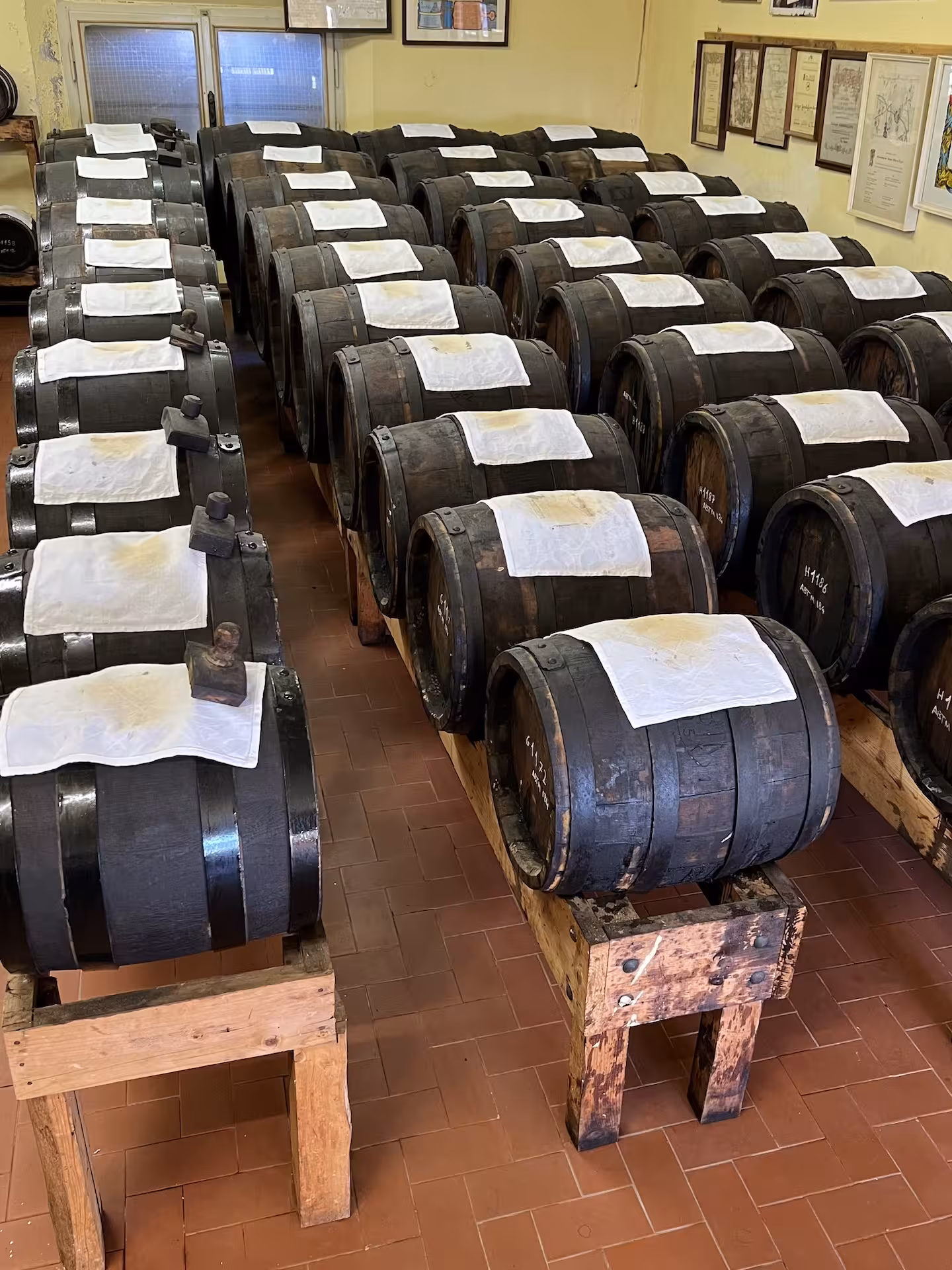 Rows of aging balsamic vinegar barrels in a cellar, highlighting the artisanal process on a culinary tour.