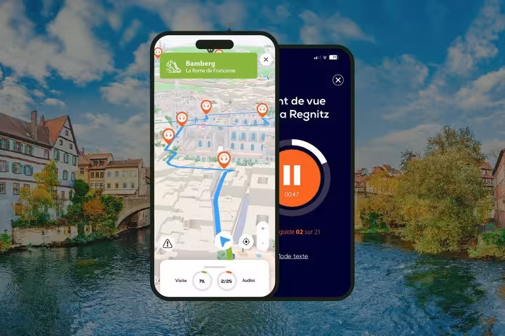 Bamberg self-guided audio walking tour app showing GPS map route and audio guide player on smartphone screens