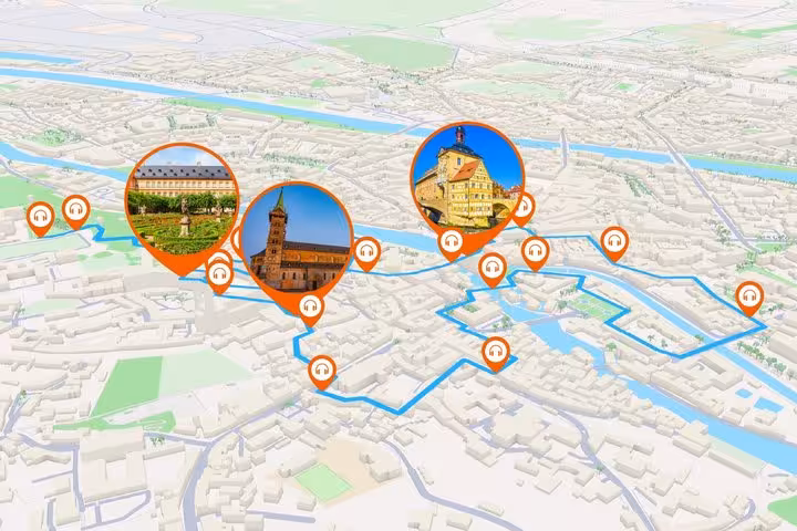 Interactive GPS map of Bamberg walking tour with orange audio guide pins marking historic landmarks