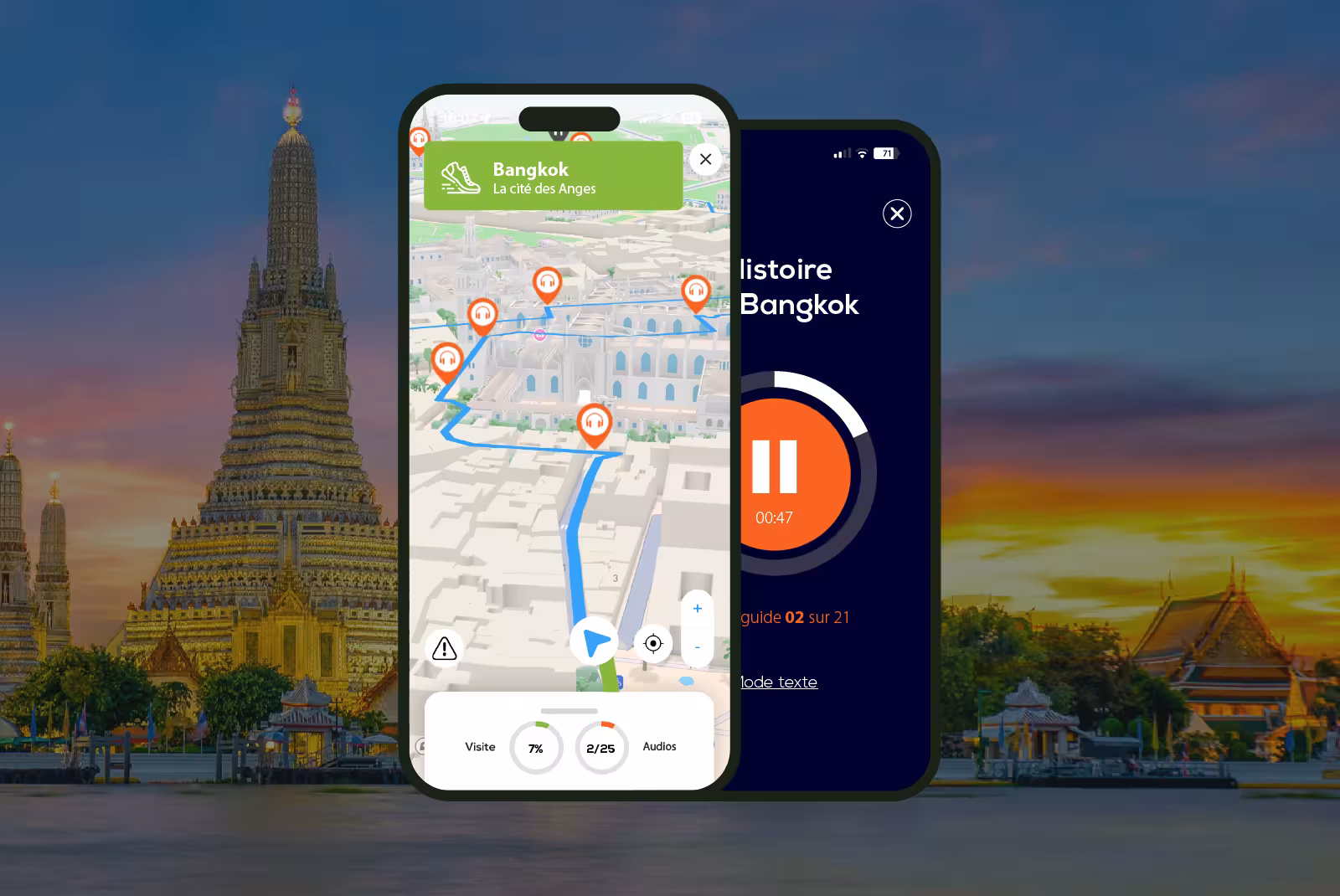 Bangkok audioguide mobile application interface on smartphone with the Temple of Dawn in the background.