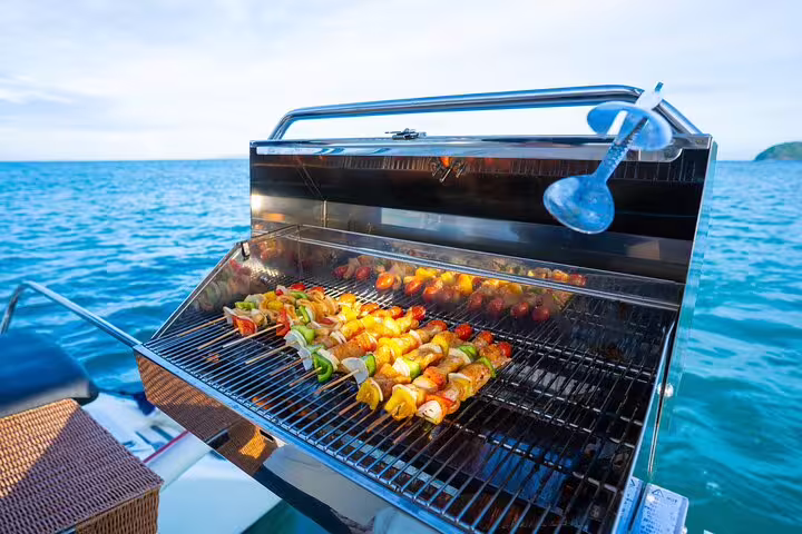 Delicious barbecue skewers grilling on a boat with a stunning ocean view during a Santos boat tour.