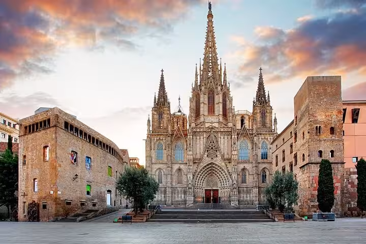 Barcelona Cathedral in the Gothic Quarter at sunset, landmark stop on El Born and Old Town tour