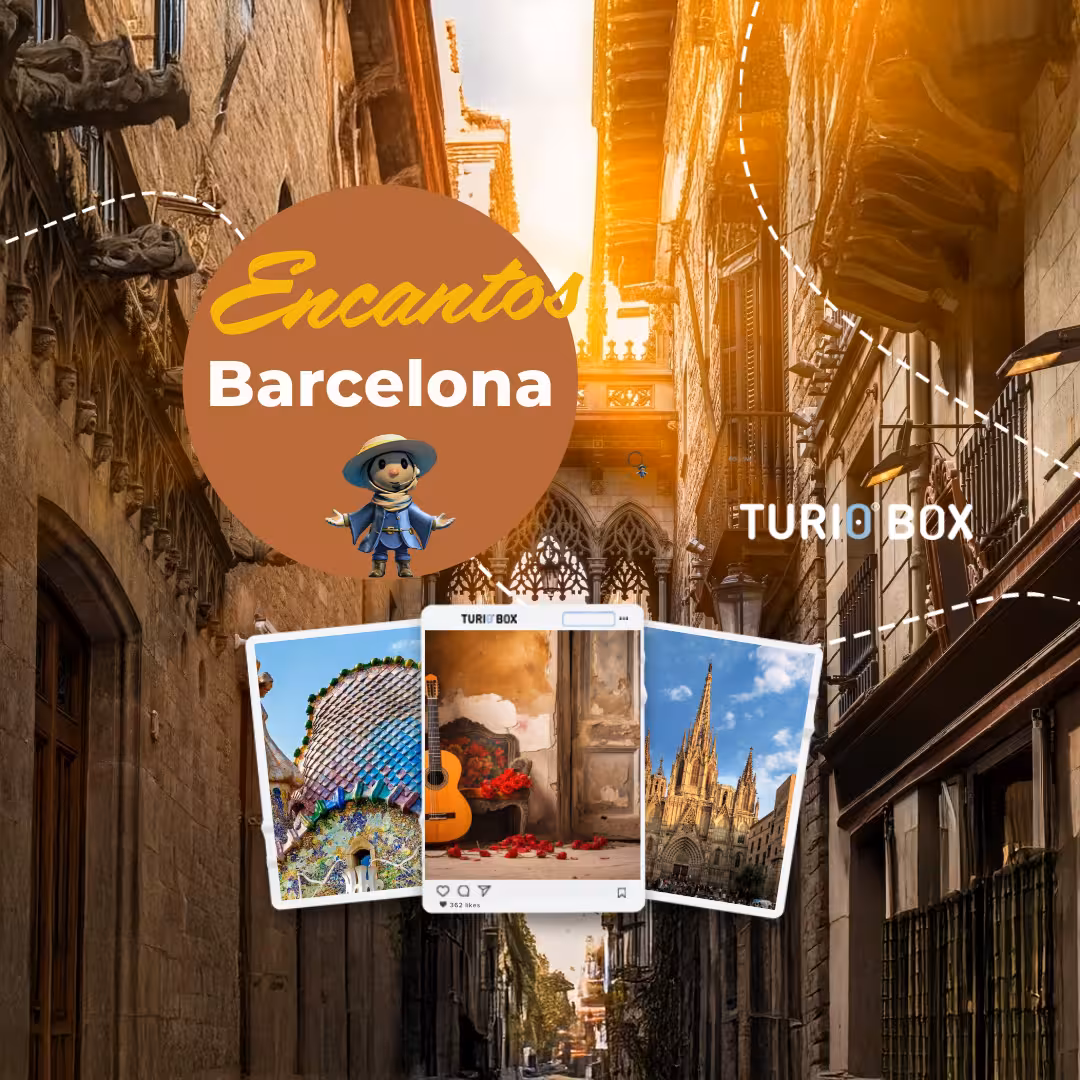Encantos Locales Barcelona tour graphic over Gothic Quarter street, featuring Gaudí and cathedral highlights