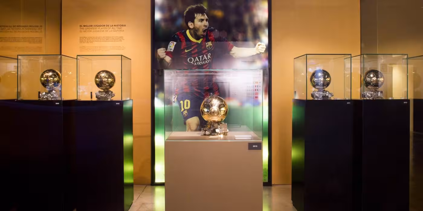 Ballon d'Or display at FC Barcelona Museum on Barcelona all-inclusive football tour at Camp Nou Experience