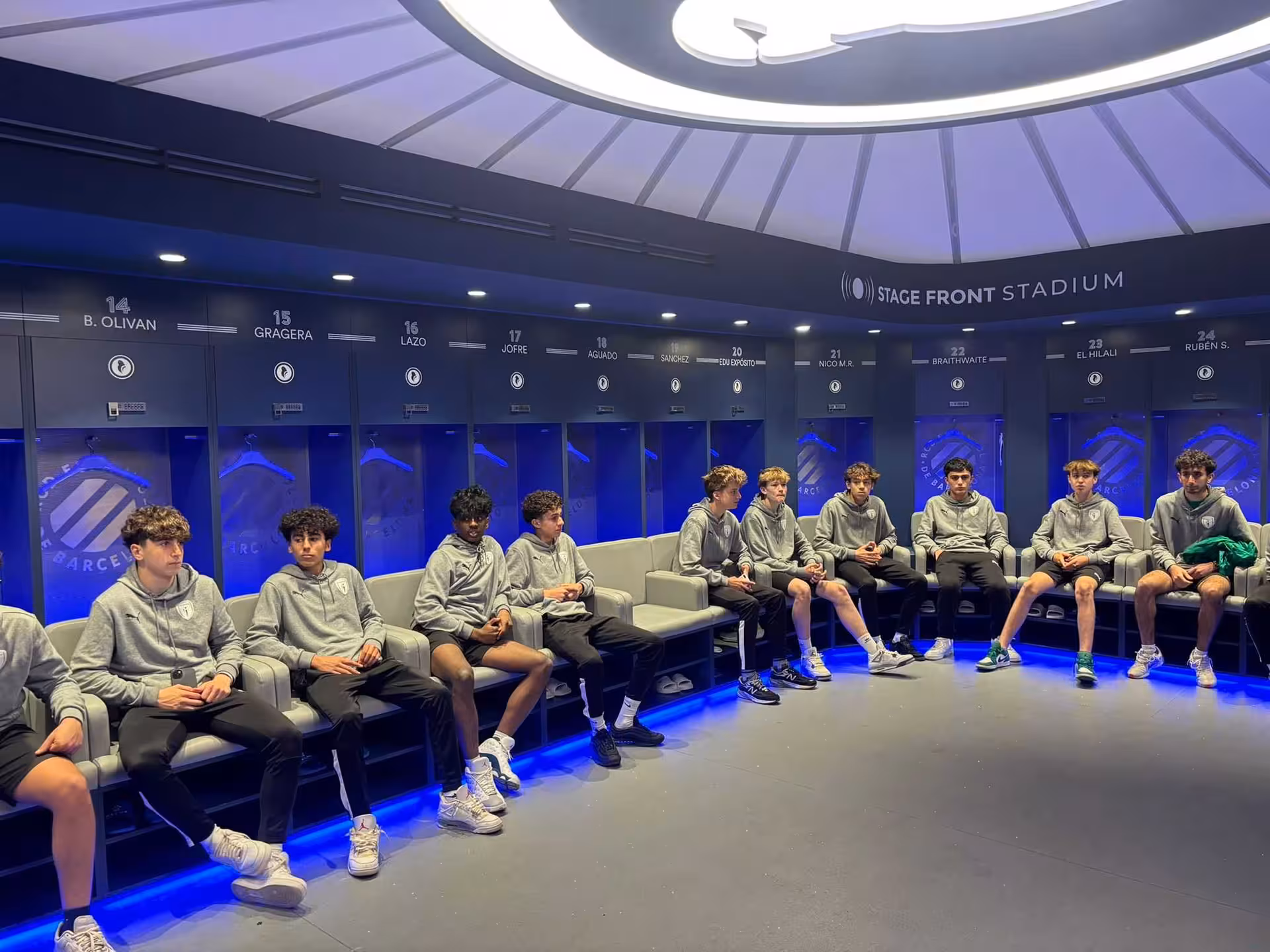 Inside RCDE Stage Front Stadium locker room, Barcelona all-inclusive football tour with behind-the-scenes access