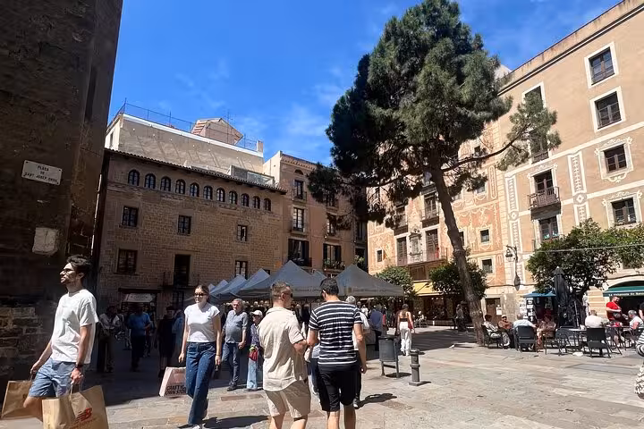 Vibrant atmosphere in a historic Barcelona square with people and local architecture on a guided city tour.
