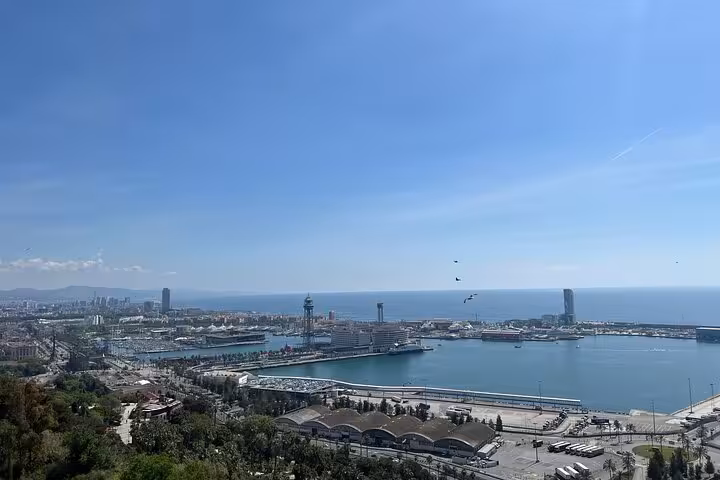 Scenic view of Barcelona's bustling port and skyline, highlighting key attractions on a full day city tour.