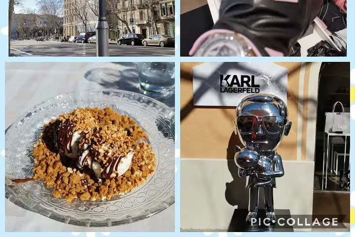 Collage depicting Barcelona cityscape, a gourmet dessert with crumble, and a Karl Lagerfeld sculpture at La Roca Village.