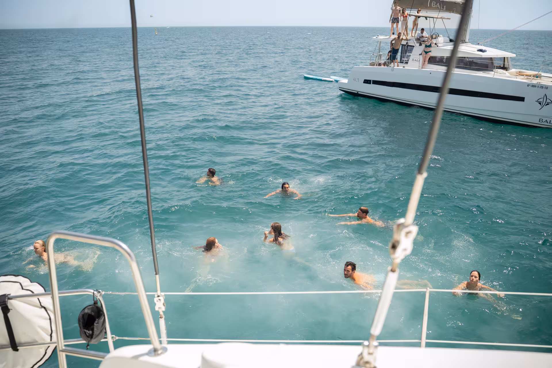 Swim stop in the Mediterranean on a 3-hour private Barcelona luxury catamaran Bali 4.2 sailing tour