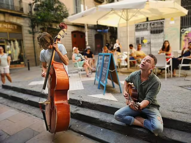 Street musicians performing in a lively Barcelona plaza, enhancing the vibrant atmosphere of the city on the private tour with tapas.