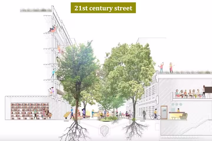 Illustration of a 21st-century sustainable street design in Barcelona, featuring green spaces and pedestrian-friendly areas.
