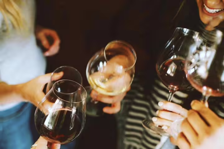 Group enjoying a wine tasting with glasses of red and white wine on a Barcelona tapas dinner tour.