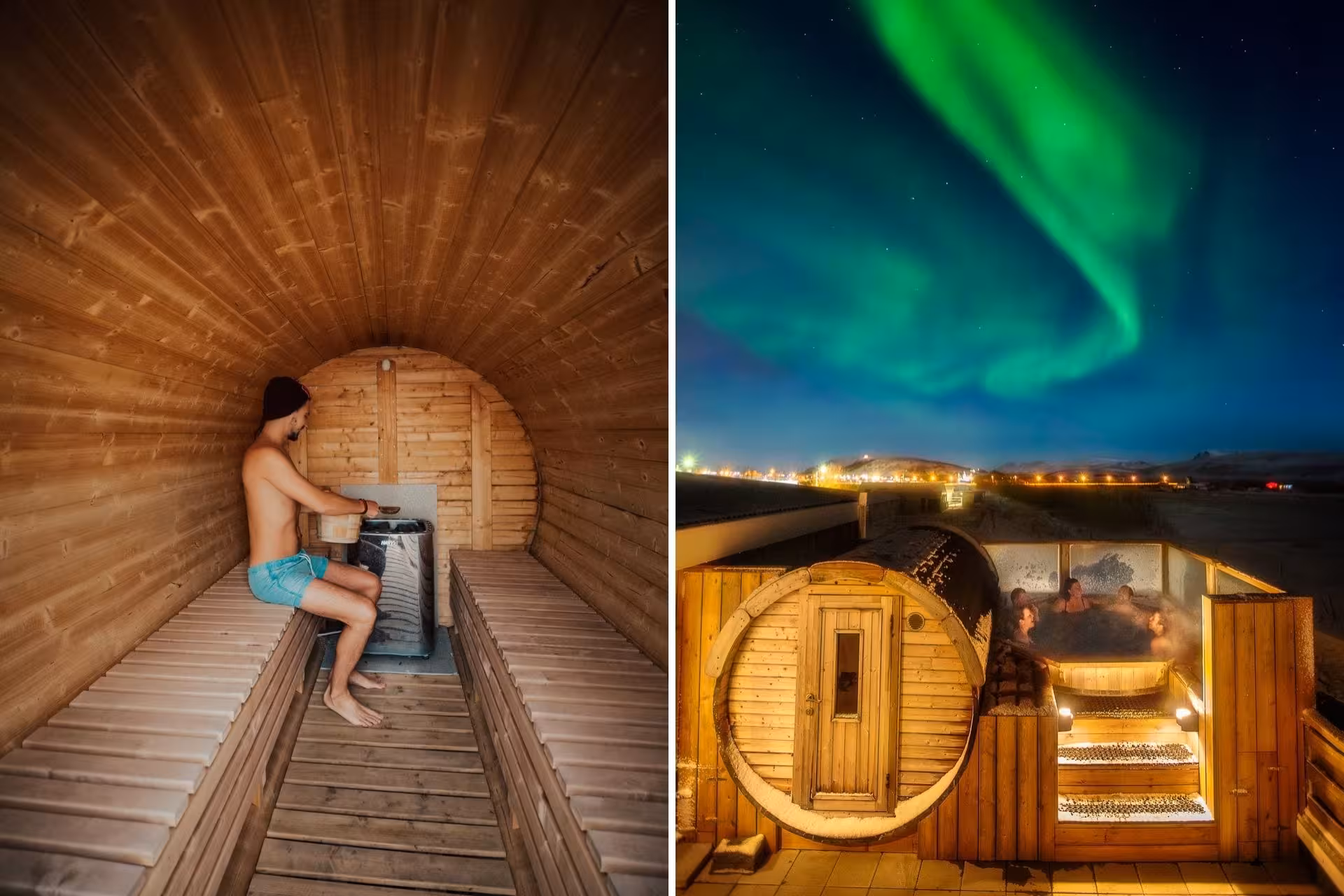 Man in barrel sauna interior and outdoor hot tub under northern lights aurora borealis at night