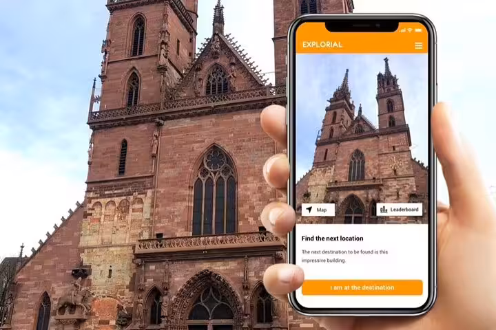 Basel Minster with smartphone app clues for a Basel self-guided scavenger hunt and sights walking tour
