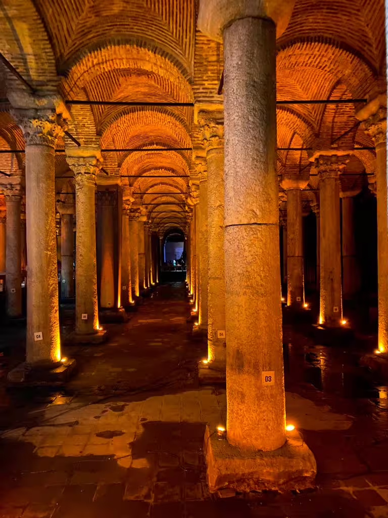 Illuminated Basilica Cistern columns in Istanbul on 5-day guided tour with flights and small group visits