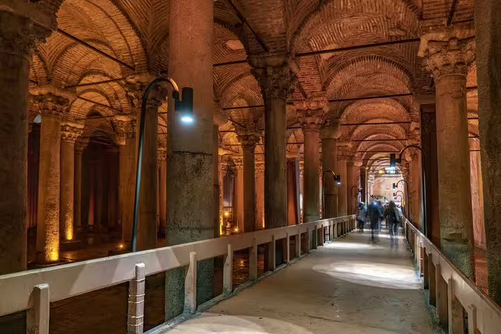 Basilica Cistern walkway with vaulted ceilings in Istanbul, featured on a private guided 1.5 day highlights tour