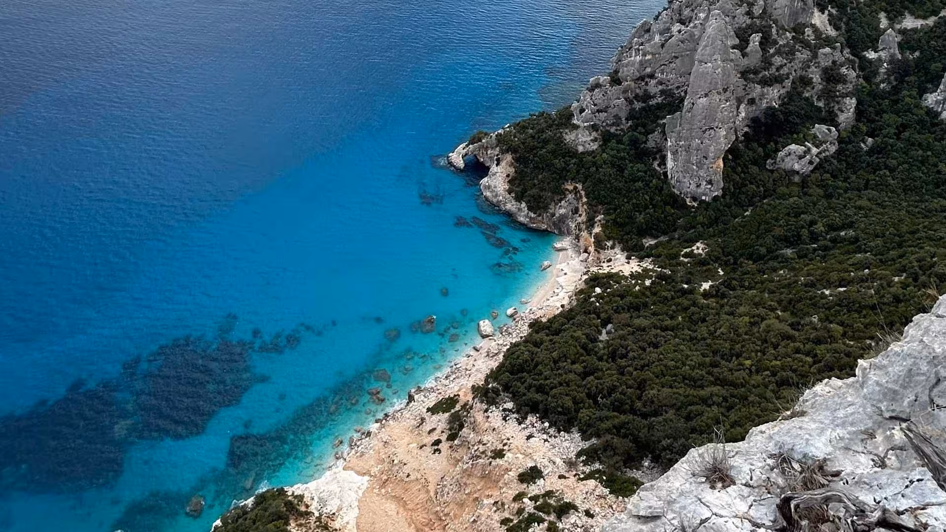 Aerial shot of Punta Salinas' crystal-clear turquoise waters meeting lush green coastline near Baunei.