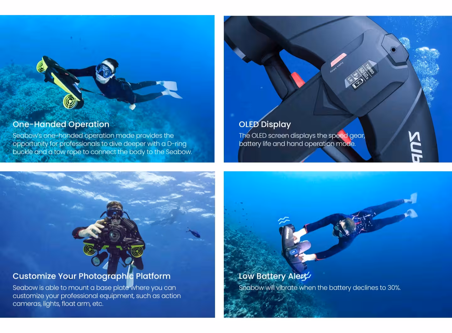 Diving experience with Seabow features one-handed operation and OLED display for enhanced underwater adventures.
