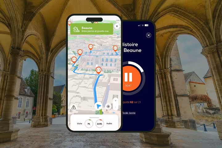 Smartphone showing GPS map and audio guide app for self-guided walking tour in Beaune, France