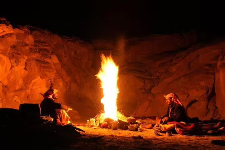 Bedouin campfire in Sinai desert during Sharm El Sheikh safari with stargazing and traditional tea