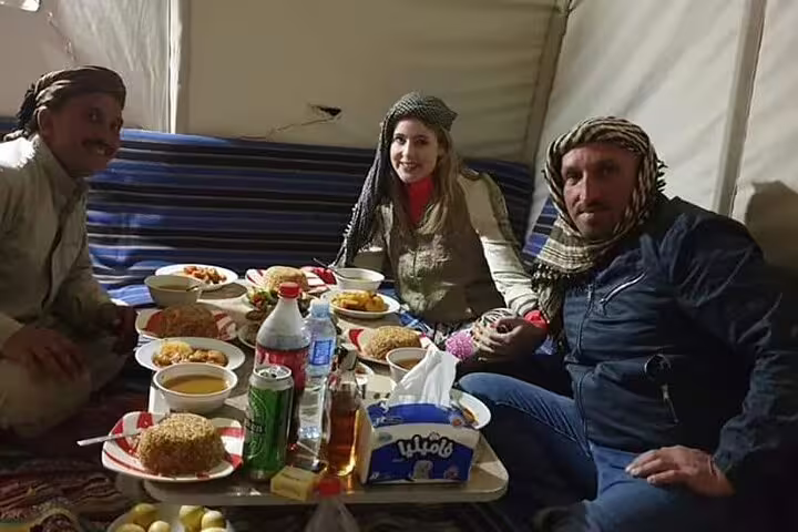 Bedouin dinner inside desert camp tent on private 4-day White Desert and Bahariya Oasis tour, Egypt
