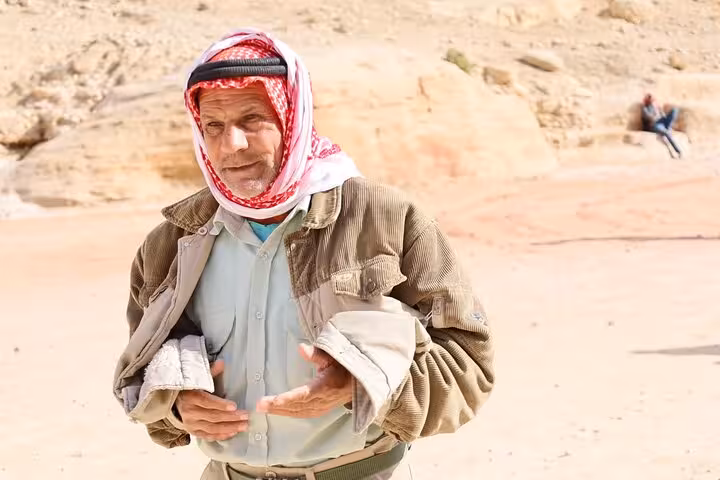 Local Bedouin guide in Wadi Rum desert on Sharm El Sheikh to Petra day tour by ferry, Jordan excursion
