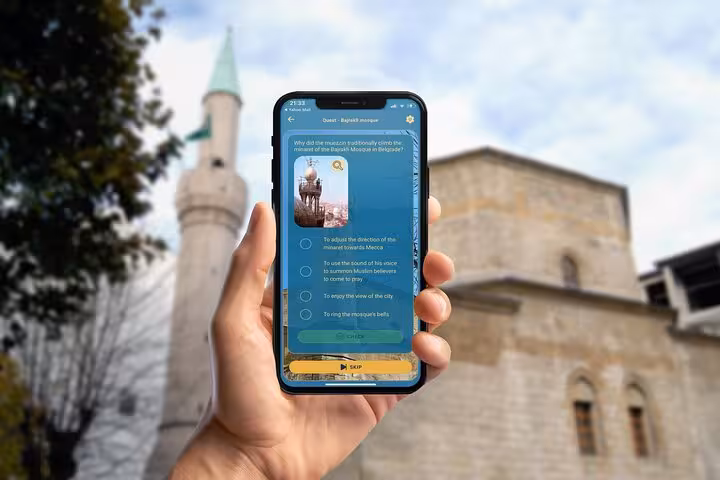 Self-guided walking tour app showing interactive quiz at Belgrade's historic Bajrakli Mosque landmark