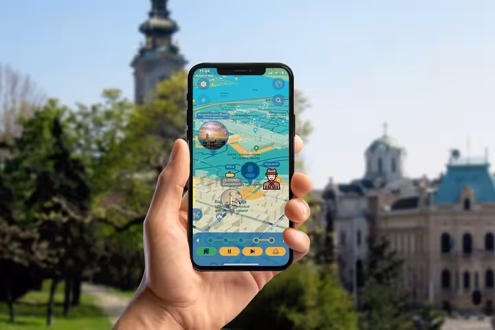 Self-guided Belgrade walking tour app displaying interactive map near Saint Michael's Cathedral downtown