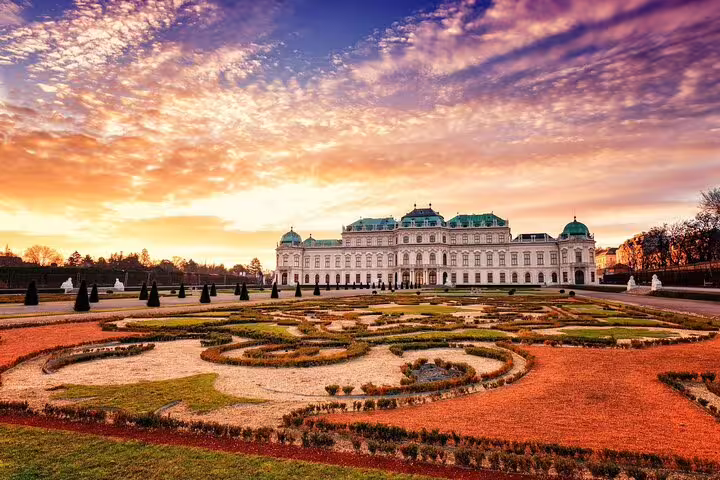 Belvedere Palace Vienna with ornate baroque gardens at sunset