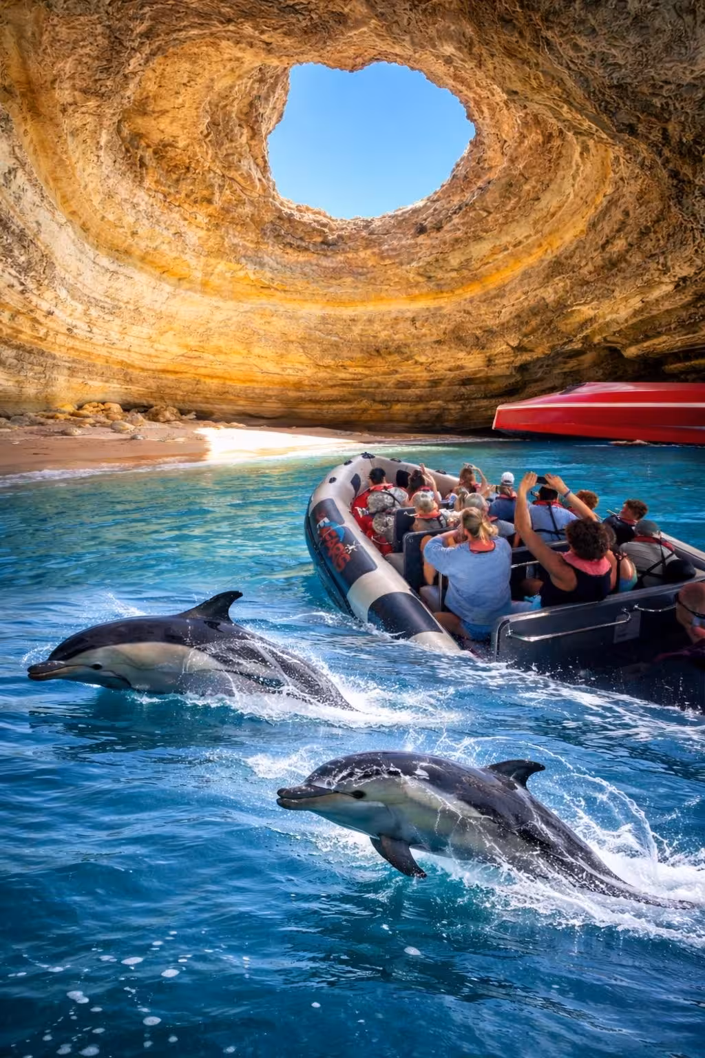 Tourists on a rigid inflatable boat inside Benagil Cave with dolphins swimming alongside in turquoise Algarve waters