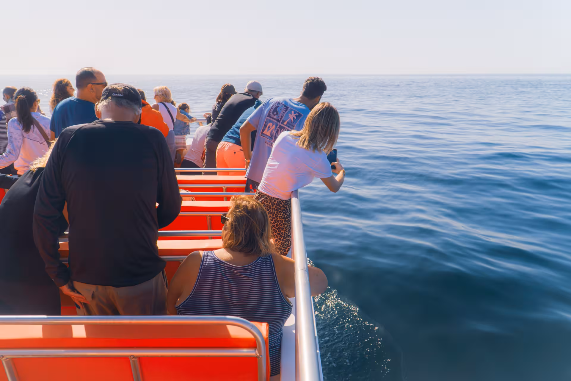 Excited tourists leaning over the railing of a boat scanning the Atlantic Ocean for dolphins on an Algarve full-day tour