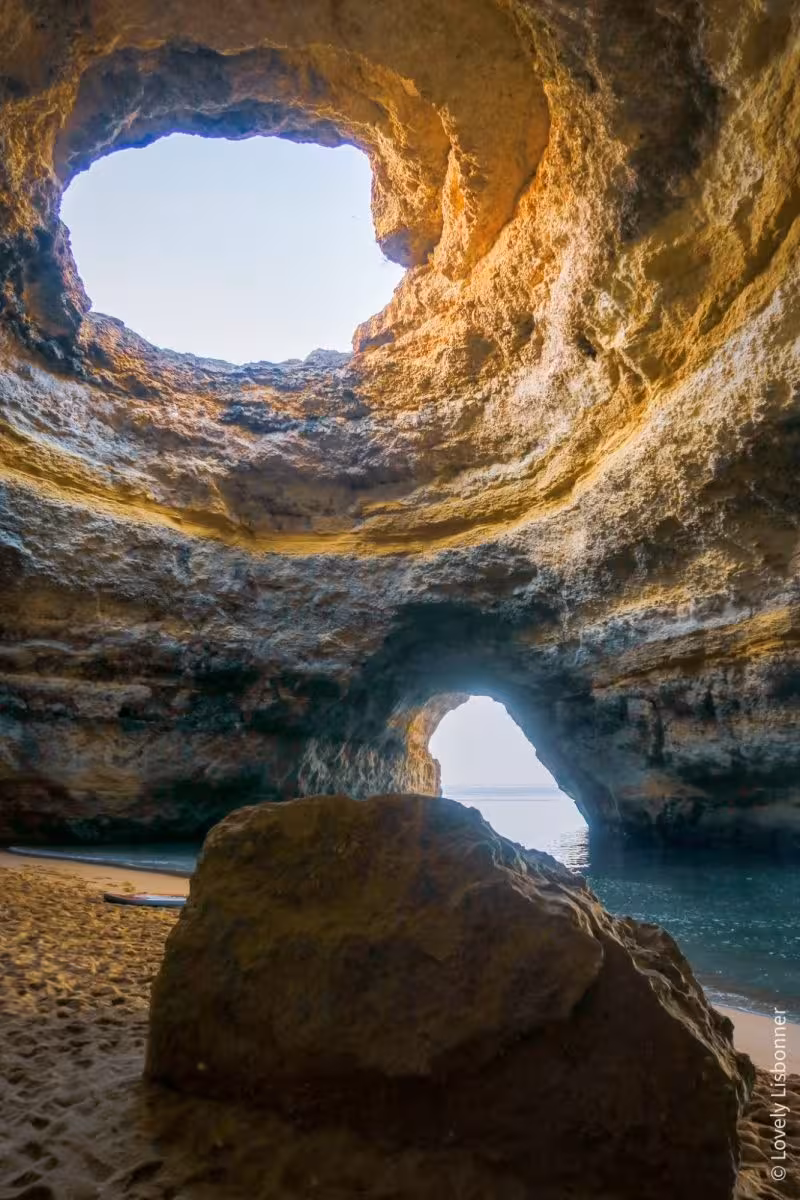Inside Benagil Cave Algarve with skylight and ocean arch, must-see highlight on Benagil kayak rental