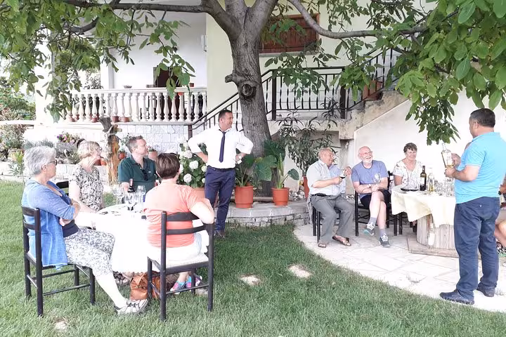 Guests enjoy an outdoor wine tasting session under a tree during the Grand Wine Tasting & Food Tour in Berat.