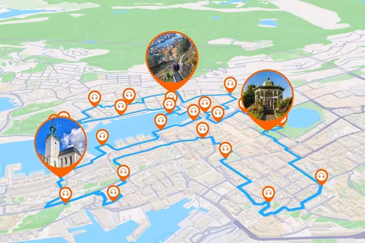 Self-guided audio walking tour map of Bergen with highlighted route and landmark photos