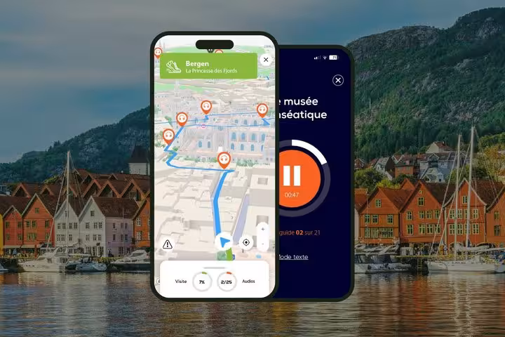 Self-guided audio tour app showing Bergen walking route map and audio guide interface with city waterfront background