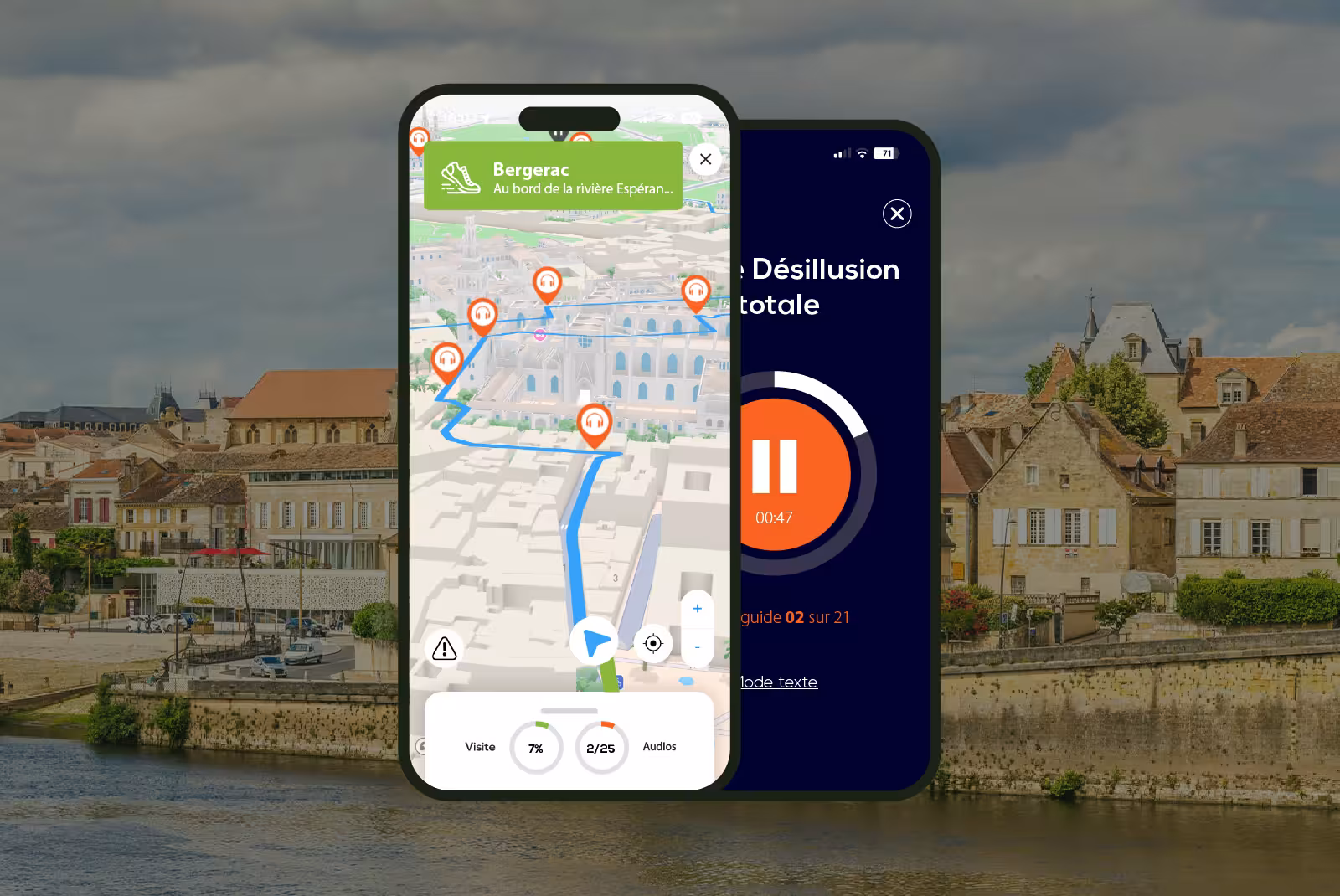 Bergerac audioguide mobile application interface on smartphone with the Dordogne in the background.