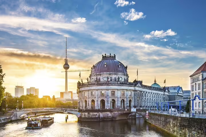 Bode Museum and Berlin TV Tower along the Spree River at golden sunset