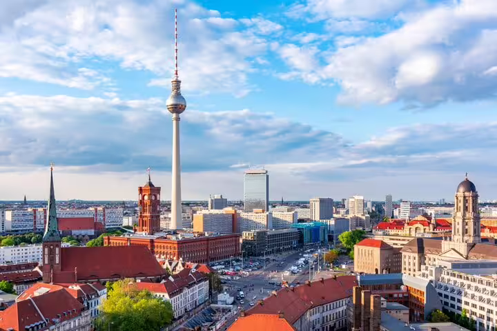 Berlin skyline with Fernsehturm TV Tower and Rotes Rathaus on a sunny day