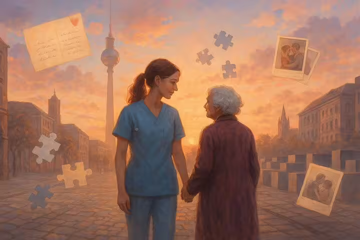 Nurse holding hands with elderly woman at sunset in Berlin with puzzle pieces and photos floating around