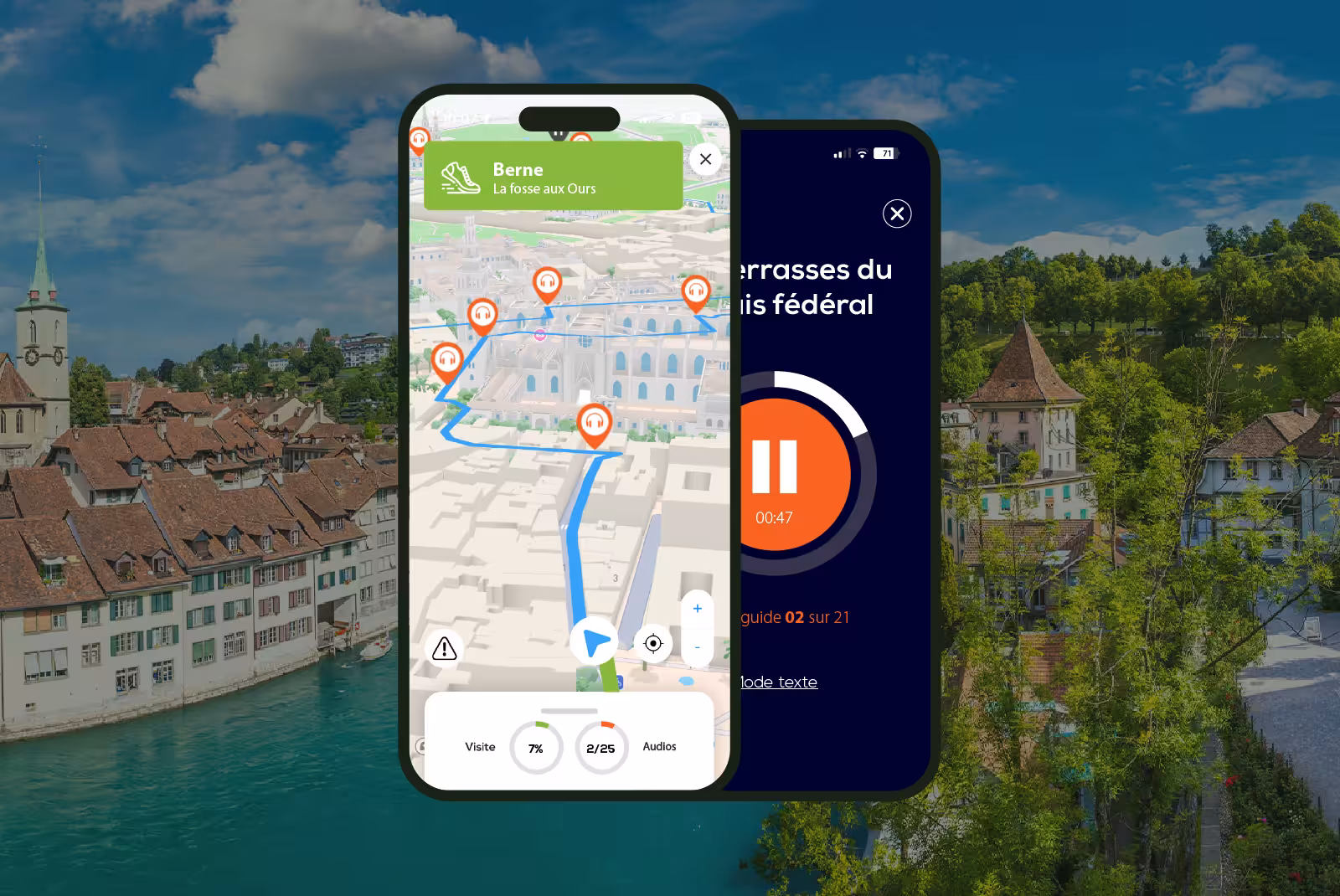 Interface mobile application audioguide Bern on smartphone with a view of the Aare in the background.