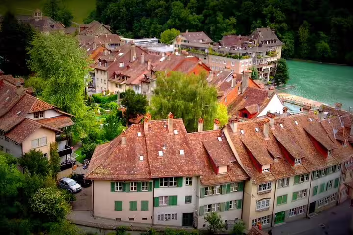 Aerial view of colorful historic buildings along the Aare River in Bern, Switzerland